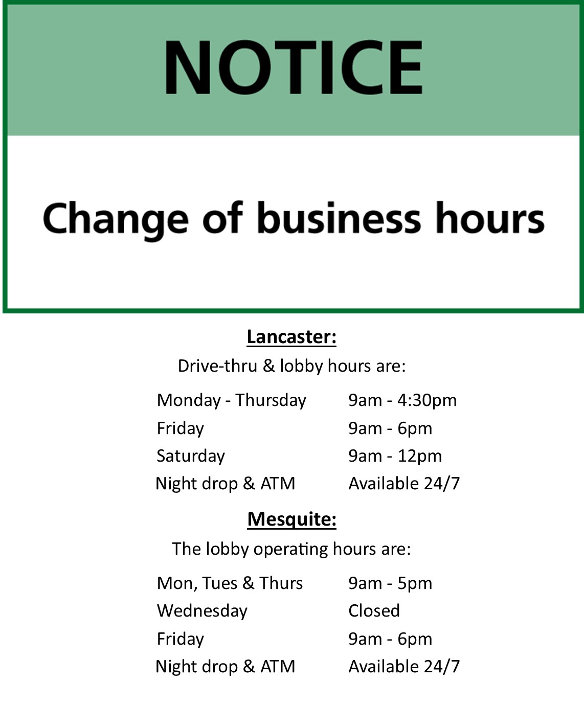Notice of New Business Hours